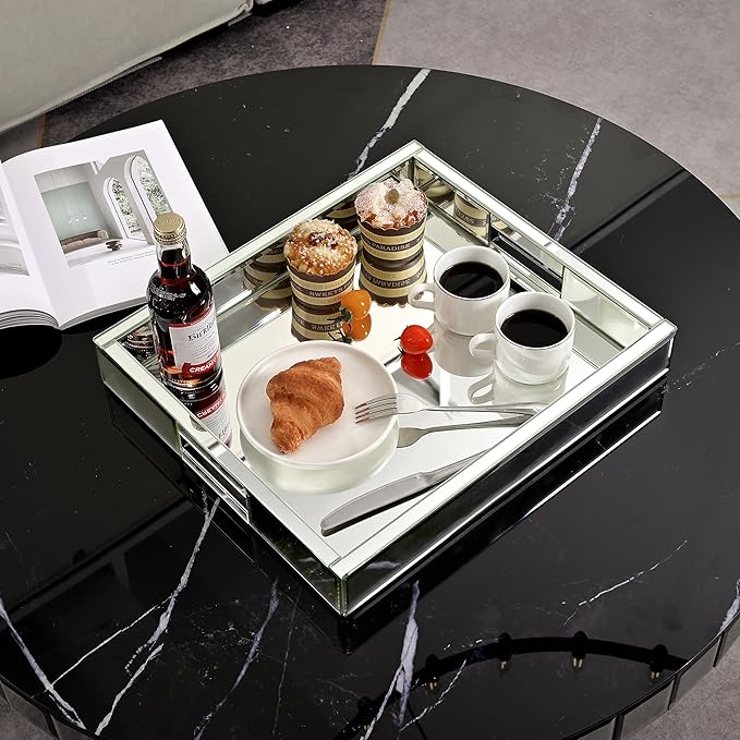 Mirrored Tray Decorative, 16x14x2.4 Silver Tray for Coffee Ottoman Trays for Living Room Perfume Jewelry Tray Bandejas Decorativas Wine Platter Modern Home Decor