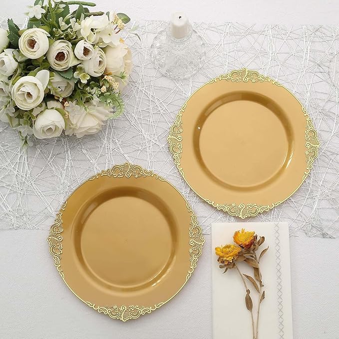 8" Salad Plates -Set of 20 - Plastic Gold Round Baroque Disposable Chargers Leaf Embossed Rim, Ideal for Dinner Party Wedding Bulk Events
