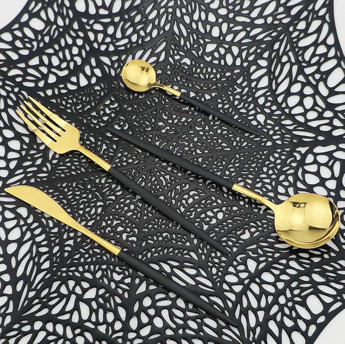 Shiny Silverware Sets, 24-Piece Elegant Cute Black Handle Gold Cutlery set,304 Stainless Steel Silverware Set for Eating Home Kitchen Hotel Restaurant, Sets for 6 People, Dishwasher Safe