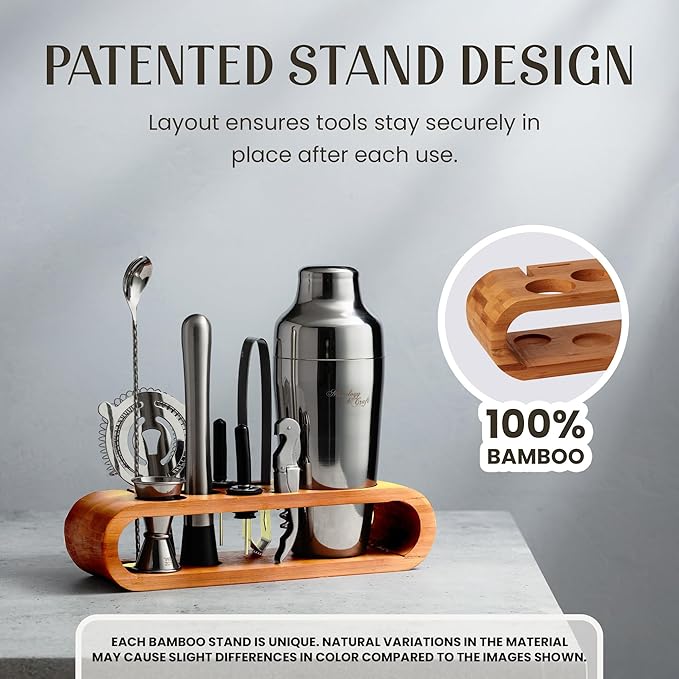 Mixology & Craft Cocktail Shaker Set: 10-Piece Bartender Kit with Stand | Complete Cocktail Kit Gift Set | Top Bartender Gifts for Men & Women | Leak-Proof Design (Silver)
