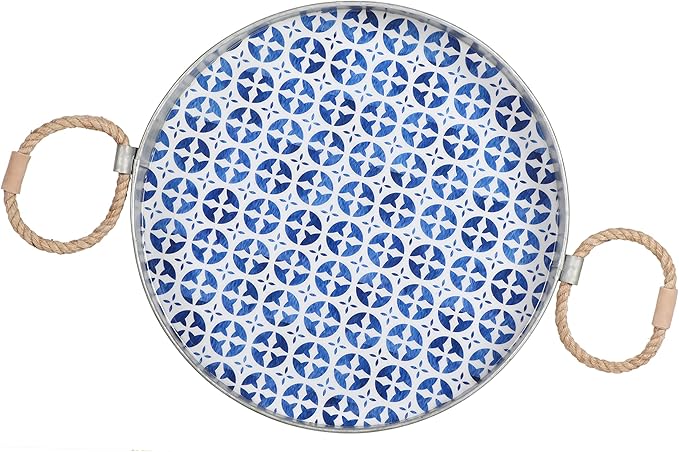 Round Serving Tray – Santorini Collection Set of 2 Decorative Trays – Blue and White Ottoman Tray with Natural Jute Handles – Galvanized Iron Trays for Coffee Table, Liquor Display, Decor