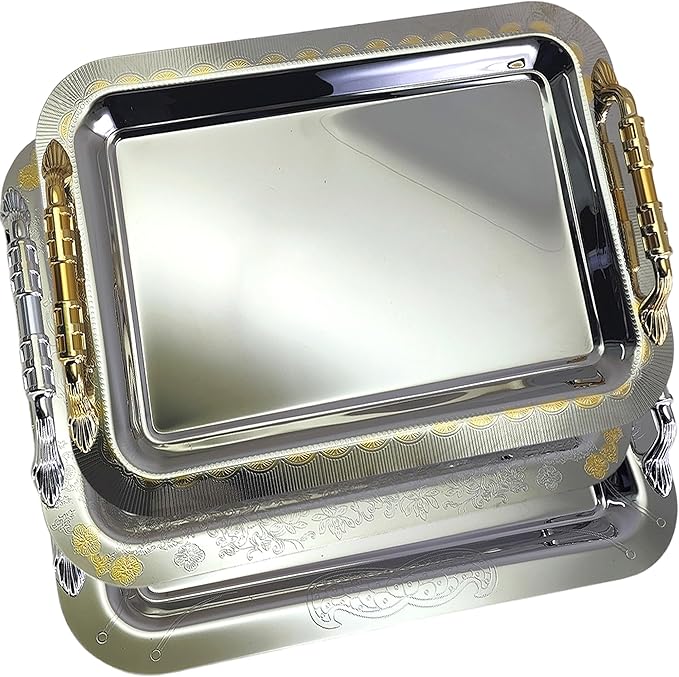 (Pack of 3) 14.2 inch x 10.2 inch Oblong Chrome Plated Serving Tray with Handles Stylish Design Iron Gold Floral Engraved Decorative Wedding Dessert Buffet Wine Platter Plate NC-262