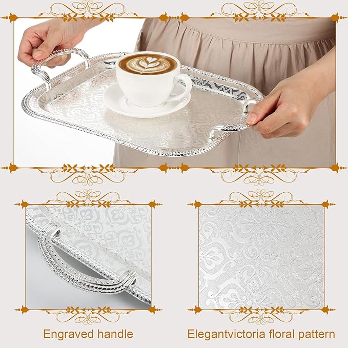 4 Pcs Silver Serving Tray with Handles Elegant Victoria Floral Engraved Metal Platters Large Decorative Trays for Buffet,Wedding Party, Jewelry Display, Service(Retro,Sliver)