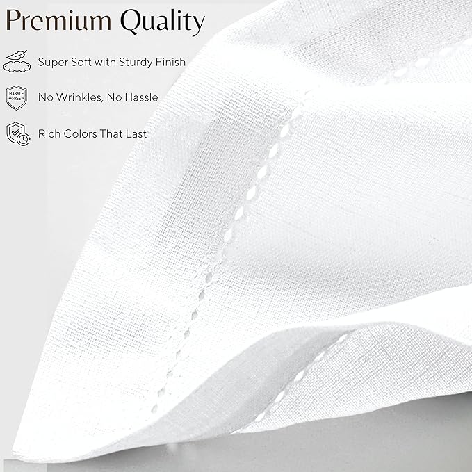 Ramanta Home White Cloth Dinner Napkin Set of 12-20x20 Inch, Premium Cotton Linen Flax Hemstitched Napkins, Soft Durable Washable for Everyday Use Thanksgiving Christmas Parties Halloween