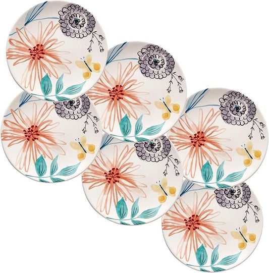 Bico Blossom Symphony Appetizer Plates Set of 6, 6 Inch Small Ceramic Dessert Plates for Snacks, Salad, Tablescape, Microwave and Dishwasher Safe, Gift for Housewarming and Thanksgiving