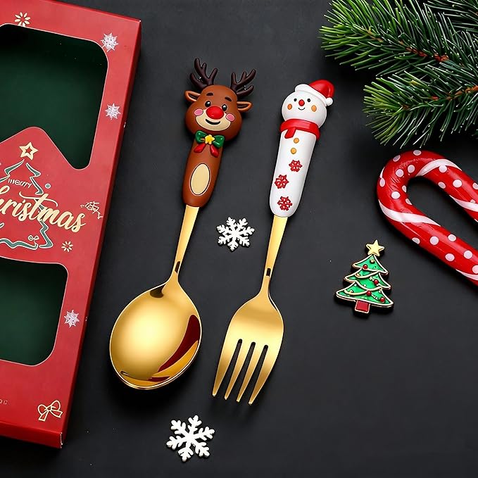 Christmas Cutlery Gift Set of 2 Pieces – Reindeer Spoon & Snowman Fork, Titanium Gold Stainless Steel with Greeting Card, Elegant Holiday Dining & Gift