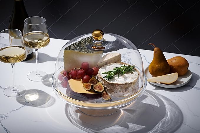 Barski Glass - Cake Stand - and - Dome - with - Gold Rim - and - Gold Knob - for - Cake - Fruit - Cheese - 11.75" Diameter - Made in Europe