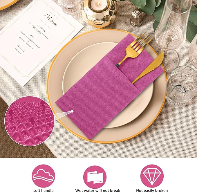 Cindeer 75 Pcs Hot Pink Linen Dinner Feel Napkins with Built in Flatware Pocket Prefolded Paper Disposable Airlaid Guest Hand Towel for Silverware Wedding Reception Christmas Baby Shower