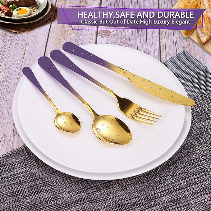 24 Pieces Flatware Set, Stainless Steel Cutlery Set with Silverware Holder, Modern Gold Silverware Set Includes Dinner Knives Forks Spoons,Hanging Silverware Set Service for 6 (Purple)