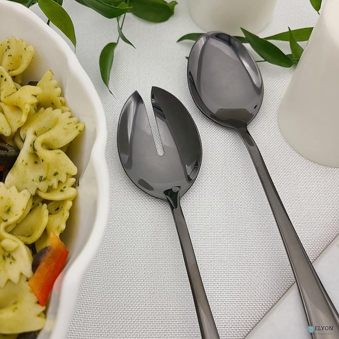 Elyon 3-Piece Black Flatware Serving Spoons, Stainless Steel Hostess Set, Reflective Mirror Finish, Salad Servers with Complimentary Pie Pastry Server, Reusable Dishwasher Safe