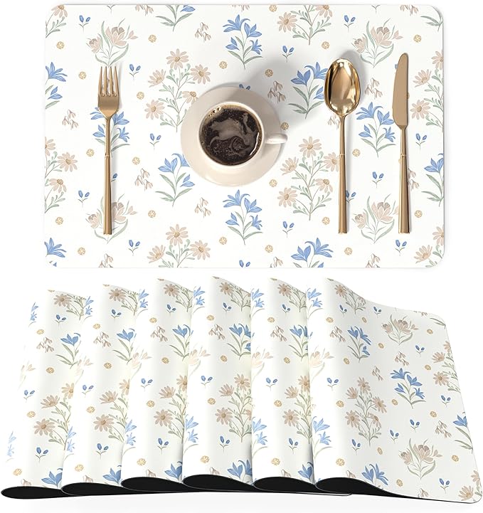 QIYI Placemats Set of 6, 12x18 Inch PU Leather Place Mats for Kitchen Dinning, Heat Resistant Anti Slip Floral Table Mats, Waterproof Wipeable Washable Placemat Party Table Décor, Minimal Flowers