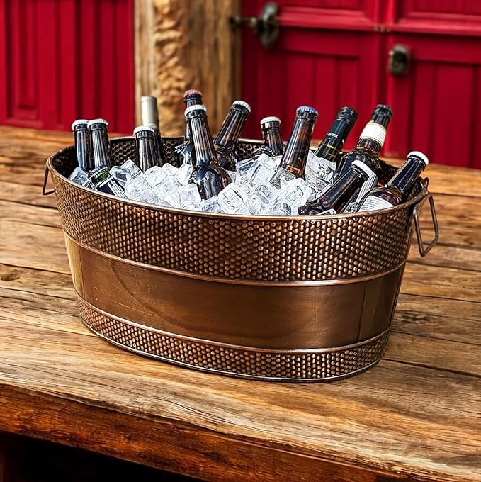BREKX Aspen Galvanized Tub, Copper Finish Metal Ice and Drink Cooler for Parties, Sealed Leak Resistant Party Cooler, Easy to Clean, Handcrafted, Large Oval 25-Quart (6 Gallon), 30 Bottle Bucket