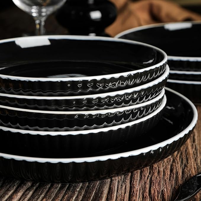 Christian Siriano Lustra Modern 32-Piece Stoneware Dinnerware Set, Plates and Bowls Set, Dinner and Salad Plates, Ramen Bowls, Dishes for 8, Black