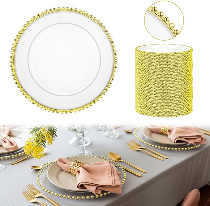 50 Pcs Clear Charger Plates with Beaded Rim 13 Inch Acrylic Gold Beaded Charger Plates Bulk for Wedding Party Dinner Birthday Decoration