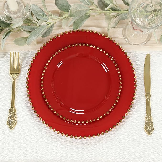 8" Salad Plates - Set of 20 - Plastic Red Round Disposable Dessert Appetizer Plate with Gold Beaded Rim, Ideal for Dinner Party Wedding Bulk Events