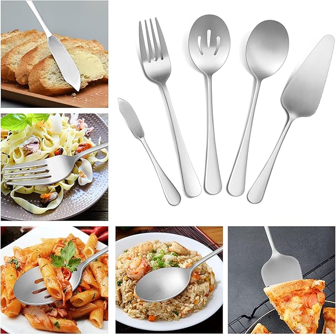 LIANYU 48-Piece Flatware Set Service for 8 with 2 Large Serving Spoons, 2 Slotted Serving Spoons, 2 Serving Forks, Stainless Steel Buffet Catering Party Banquet Serving Spoons Forks Set
