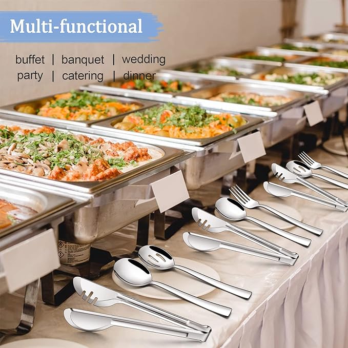 LIANYU Serving Utensils Set of 8, Stainless Steel Serving Spoons, Slotted Spoons, Forks, Metal Tongs for Kitchen Buffet Party Banquet Entertaining, Mirror Finished, Dishwasher Safe