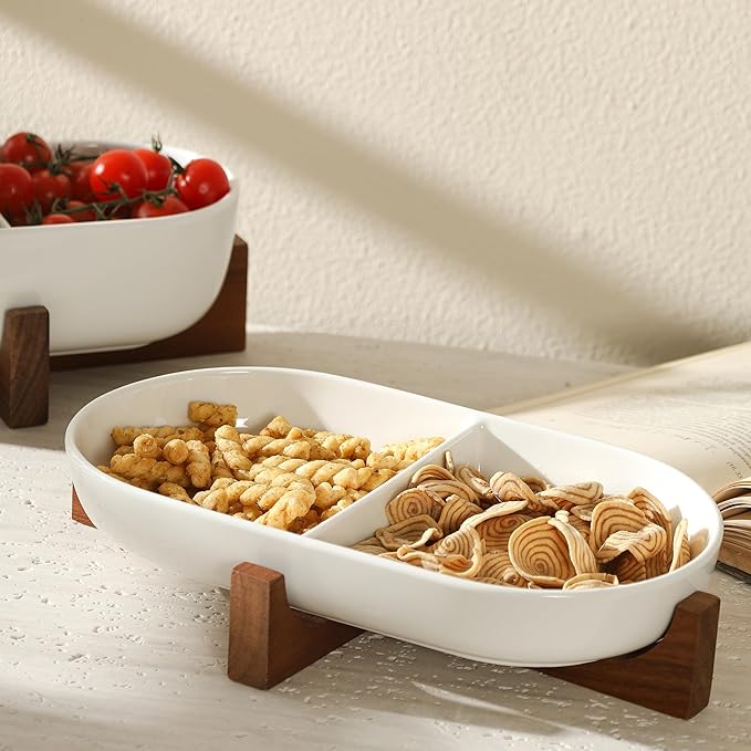 Divided Ceramic Serving Plate with Acacia Wood Base, Appetizers Platter for Home Decor(2-Compartment Plate), 12inch Divided Plate for Snack, Dessert, Fruit, Chip and Dip Serving Set