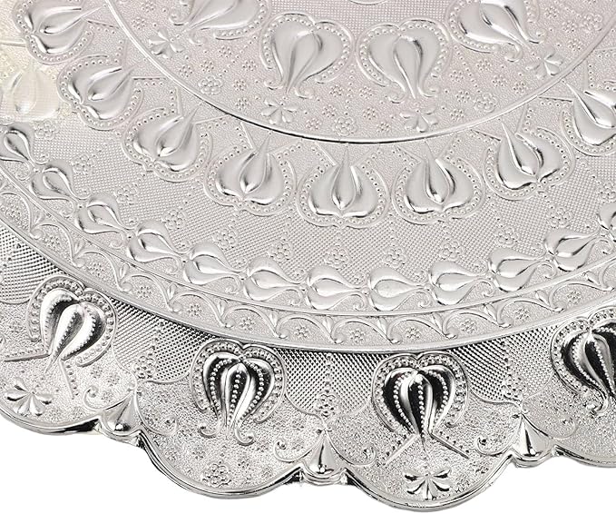 Turkish Tea Coffee Serving Tray, Vintage Style Round Coffee Tray with Embossed Pattern, Metal Dessert Plate for Bar Outdoor Dresser and Home Use (Silver)