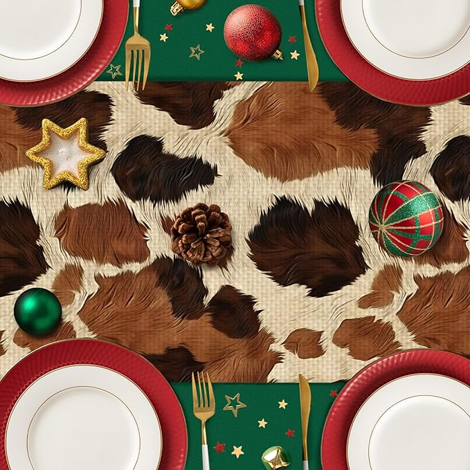 Cow Pattern Brown Table Runner Farmhouse Kitchen Dining Linen Table Decoration for Indoor Outdoor Home Party Decor 13 x 72 Inch