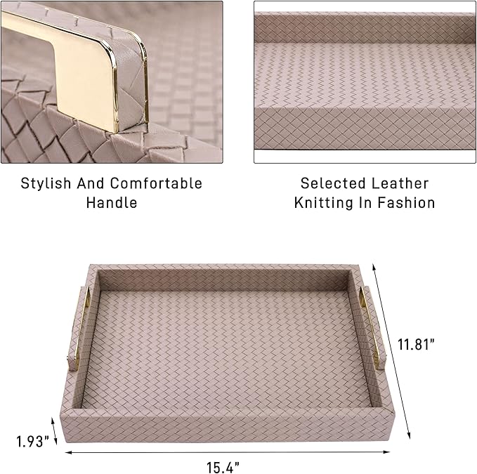 Decorative Serving Tray for Coffee Table, 16"x12" Large Rectangular Ottoman Tray with Gold Handles Faux Leather Serving Trays for Home Decor Living Room, Kitchen and Bedroom -Tan