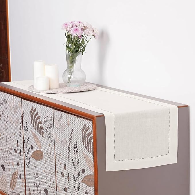 D'Moksha Homes Linen Ivory Table Runner 48 Inches - Classic Hemstitch, 100% Pure Linen Coffee Table Runner 14 x 48 Inch Ideal for Dresser Tables - Winter, Christmas, Holiday, New Year