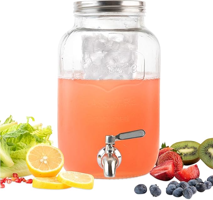 2 Gallon Glass Beverage Dispenser with Ice and Fruit Infusers, Stainless Steel Spigot and Metal Lid, Wide Mouth Mason Jar Drink Dispenser, for Iced Tea, Kombucha Brewing and more