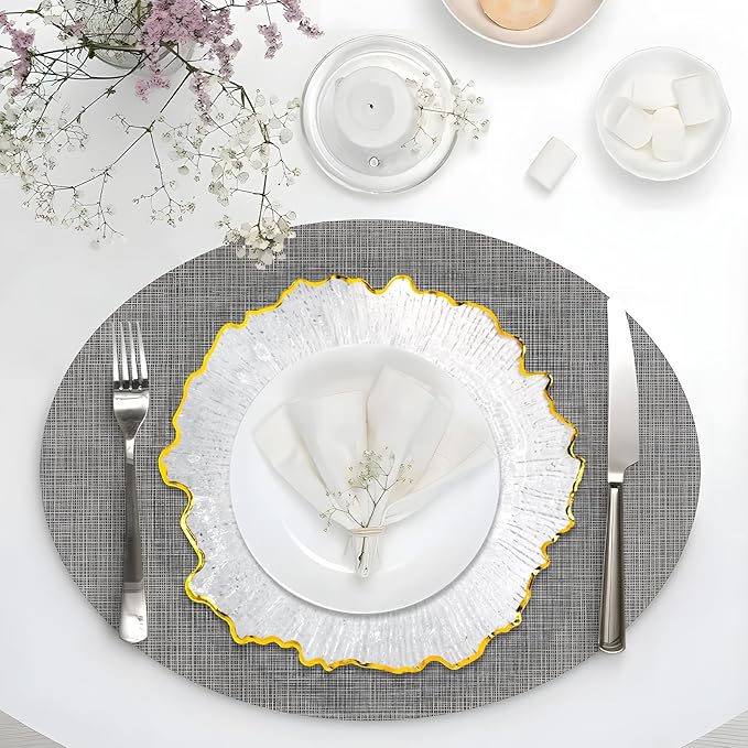 MAONAME 13" Clear Charger Plates, Round Reef Chargers for Dinner Plates, Plastic Plate Chargers for Table Setting, Wedding Decor, Set of 12