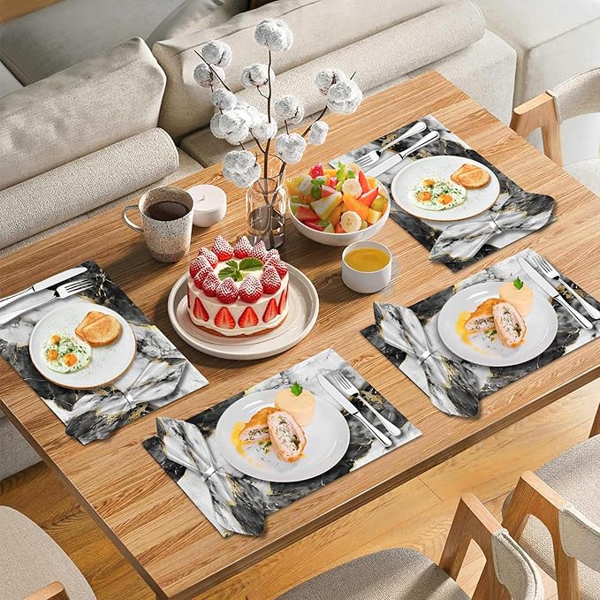 Mcalk 4 Each Black Marble Placemats and Cloth Napkins Set of 8, Modern Art Placemat, Marble Print Cloth Napkin for Home Kitchen Decor (Placemats 18 "x12 Napkins 18 "x18)