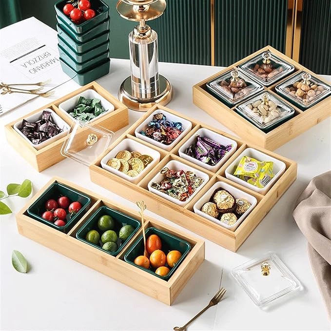 Salad plate Ceramic Divided Serving Dishes Platter with Clear Lid 3 Removable Appetizer Serving Bowls Relish Tray for Chips Fruits Candy Plastic plate (Color : 1)