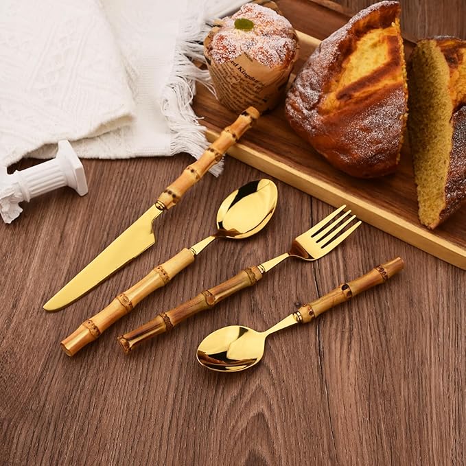 Stainless Steel Flatware Set, Bamboo Handle Silverware Set, Reusable Eating Utensils for Home Kitchen and Restaurant, Modern Gold Cutlery Set, 8 Pieces Dinner Knives