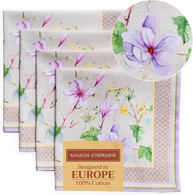 Maison d' Hermine Cloth Napkins Set of 4 100% Cotton Everyday Reusable Square Napkins Cloth Washable, Dinner, Party, Wedding, Restaurant, Spring/Summer (Magnolia Mornings, 20" x 20")