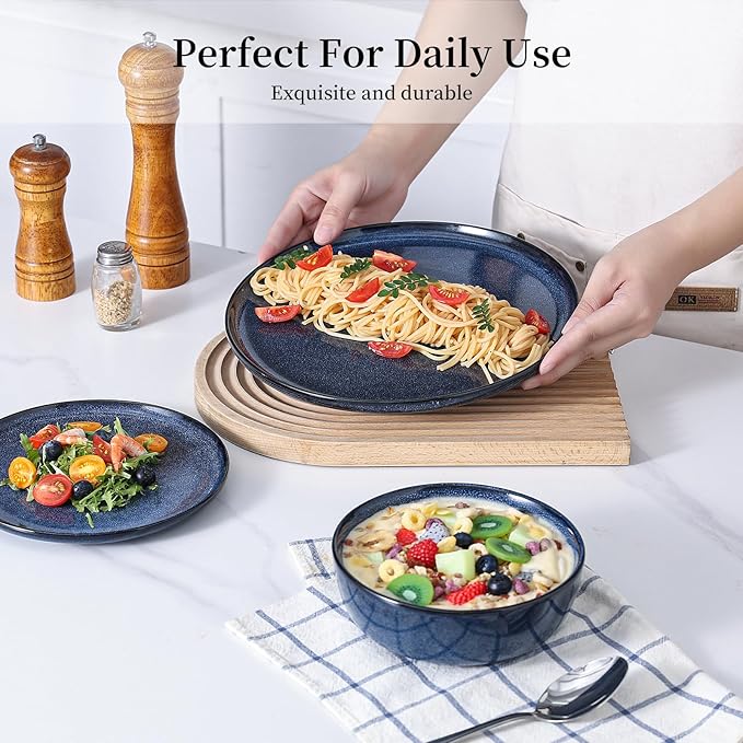 Dinner Plates Set of 6: Ceramic 10.7 Inch Handmade Reactive Glaze Stoneware Plate for kitchen, Modern Dinnerware Plates, Microwave & Dishwasher Safe, Scratch Resistant (Blue)