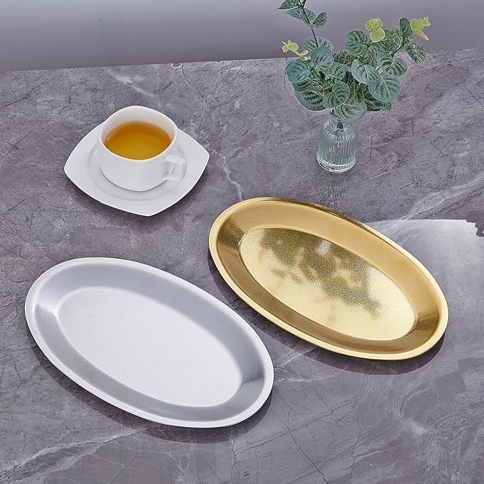 SANQIAHOME 11.8x7.6 Inch Thick Stainless Steel Dinner Plate 2-Piece Set, Egg-Shaped Appetizer Plate,Gold