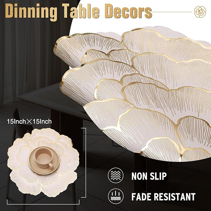 FAVE 12PCS Floral Round Placemats Gold Placemat Vinyl Placemats Set of 12 for Wedding, Banquet, Birthday, Party, Restaurant Table Mats Reusable Metallic Shiny Gold Placemat(Golden Peony, 12PCS)