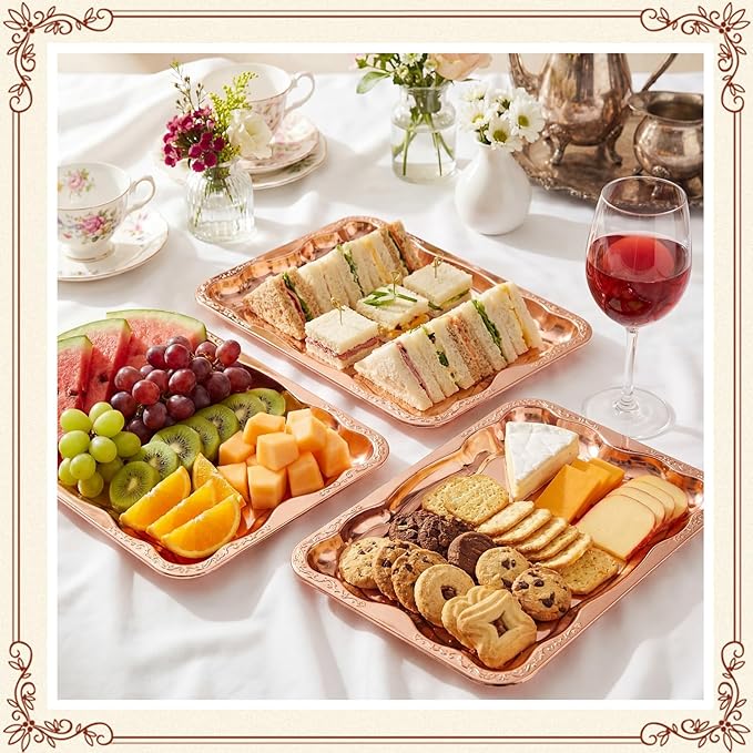 4 Pack Rose Gold Serving Trays Set for Party, Butterfly Floral Rose Gold Platter Engraved Mirror Tray, 15.8 x 11.6 Inches Elegant Metal Plate for Christmas Food Appetizer Cookies Desserts