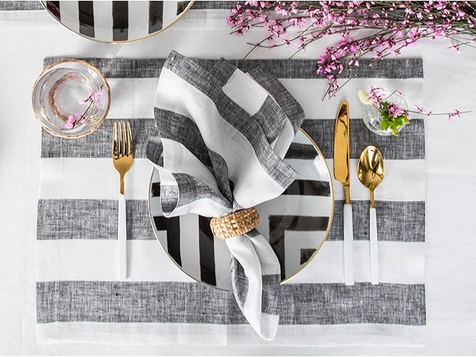 Solino Home Linen Placemats Set of 4 - Cabana Stripe Black and White Placemats 14 x 19 Inch - 100% Pure Linen Place Mats for Winter, Holiday