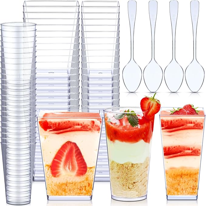 Zhehao 300 Packs 3 oz 5.6 oz Mini Dessert Cups with Spoons Plastic Parfait Appetizer Shooter Yogurt Cups Disposable Clear Square Dessert Serving Containers(Simple Style,Clear)