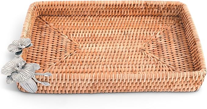 Vagabond House Handmade Wicker Tray, Small Rectangle Catchall Tray with Pewter Orchid Detail, Rattan Tray Woven Handmade Priemer Rattan Tray 12 X 9 Inches Small Designer Statement Tray