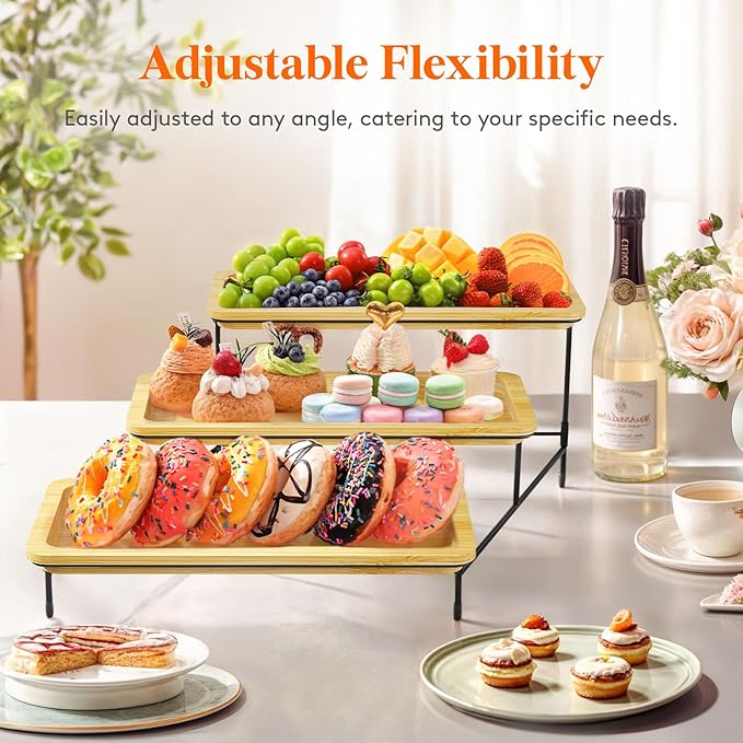 Lifewit 3 Tier Bamboo Serving Tray for Party Supplies, 14" x 6.5" Platters for Serving Food, Reusable Trays with Black Metal Display Stand for Veggie, Fruit, Cookies, Dessert