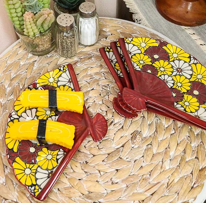 Ebros Pack Of 4 Colorful Oriental Folding Fan Shaped Appetizer Sushi Dessert Serving Dish Plates Decorative Asian Themed Artistic Dinner Lunch Serveware Plate Set (Red Yellow White Sunflowers Garden)