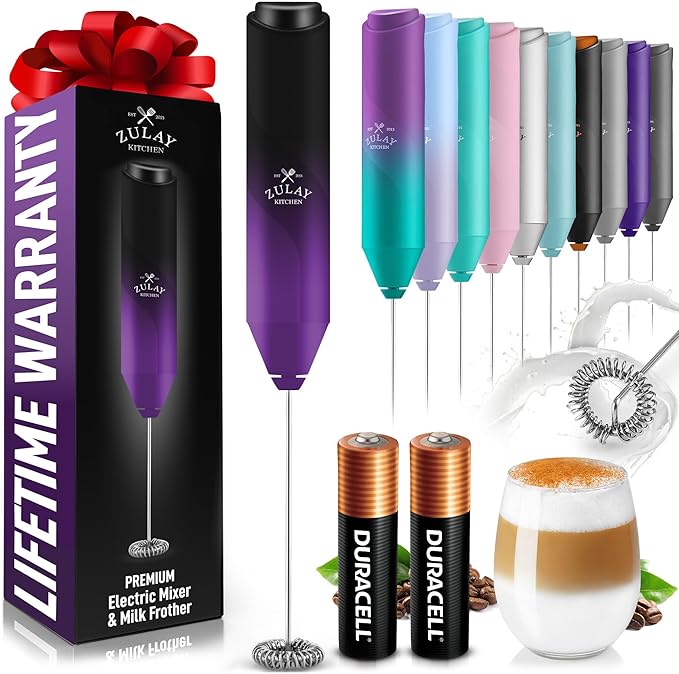 Zulay Kitchen Powerful Milk Frother Handheld with 2 Duracell AA Batteries – Ultra Fast Frother Wand Electric Drink Mixer for Coffee, Lattes, Cappuccinos, Matcha & Hot Chocolate – Portable Foam Maker