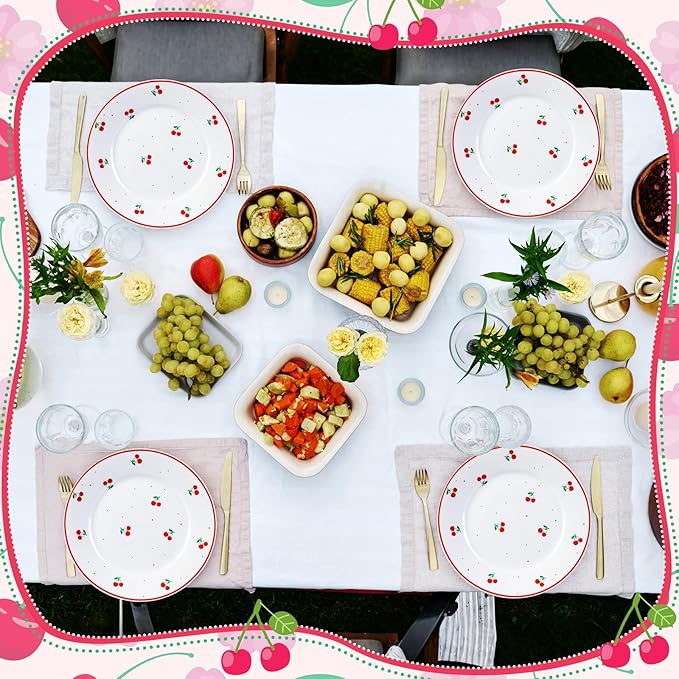 Honeydak 6 Pcs Valentine's Day Decorations Cherry Plates Ceramic 6 Inch Salad Appetizer Dessert Dish Cutlery for Fruits Galentines Cherry Birthday Supplies Wedding Table Party Decorations Favors