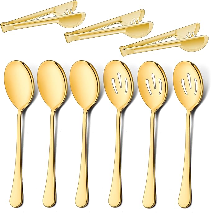 LIANYU 9-Piece Large Gold Serving Utensils Set, 9.8 Inch Stainless Steel Buffet Banquet Catering Serving Spoons Tongs Set, Dishwasher Safe