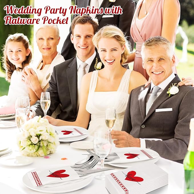 50 Pack Linen-Feel Paper Napkins with Built-in Flatware Pocket, Prefolded Cloth Like Disposable Dinner Napkins Pocket for Kitchen Wedding Bridal Shower Birthday Party Decor (Valentine Love)