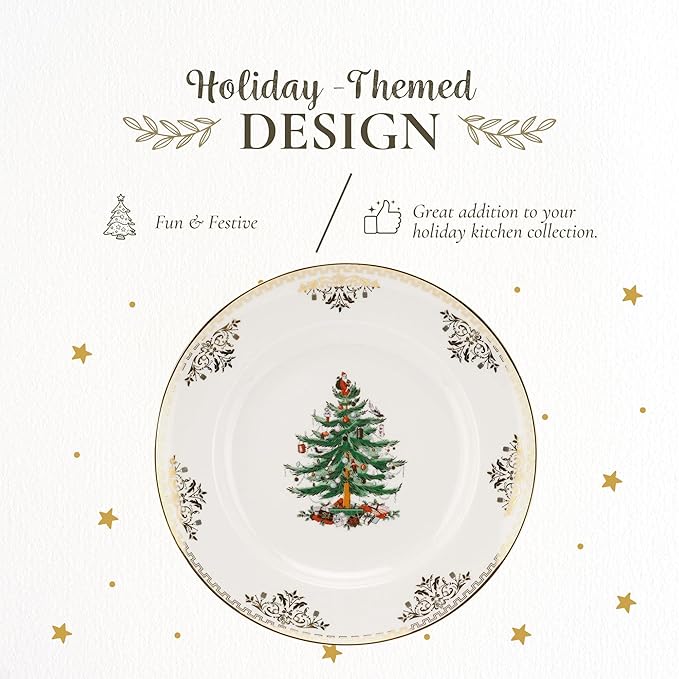 Spode Christmas Tree Gold Dinner Plate (Set of 4) – 10 Inch Porcelain Dinner & Appetizer Dish, Holiday-Themed Serving Plate, Microwave & Dishwasher Safe, Festive Collectible Seasonal Dining
