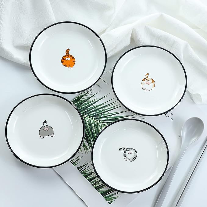 SOCOSY Cute Funny Cat Butts Ceramic Seasoning Dishes Sauce Dish Sushi Dipping Bowl Appetizer Plates Tea Bag Holder Serving Dish for Kitchen, 5 Inch, Set of 4