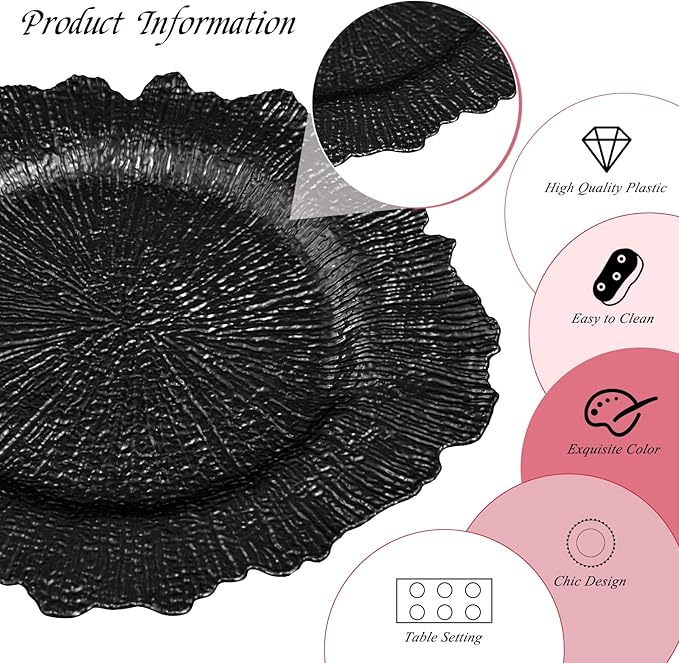50 Pack Black Charger Plates Bulk, 13" Plastic Reef Chargers for Dinner Plates, Round Charger Plate with Floral Reef Design for Dinner Wedding Party Table Setting Decoration