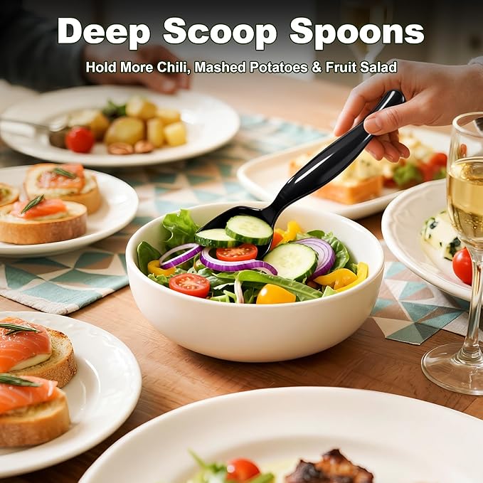 36Pcs Disposable Plastic Serving Utensils Set, 12 Black Spoons, 12 Forks, 12 Tongs, 9-Inch for Party Buffet Catering Events, Heavy Duty and Ergonomic Design (Black-1)