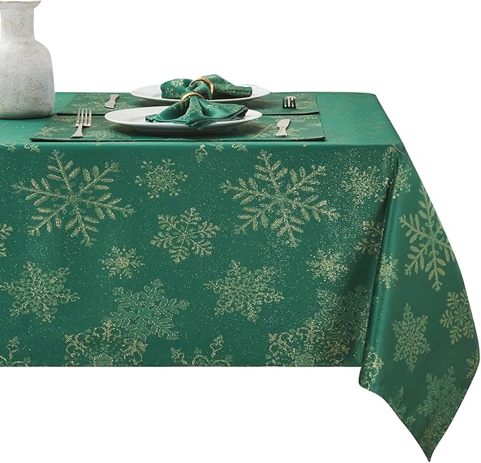 Rectangle Fancy Metallic Sparkling Snowflake Christmas Fabric Table Cloth red Hunter Gold Navy White Silver No-Iron Soil Resistant Woven Holiday Table Cover(Hunter Gold/60x104Inch)